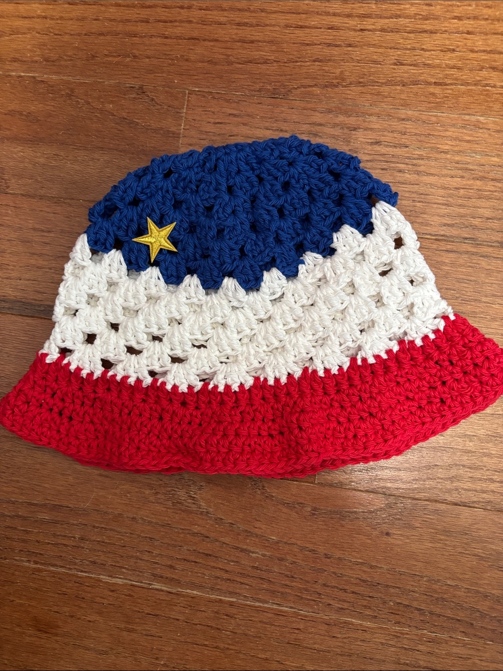 Acadian Bucket - Crocheted in Blue, White & Red with Star Accent